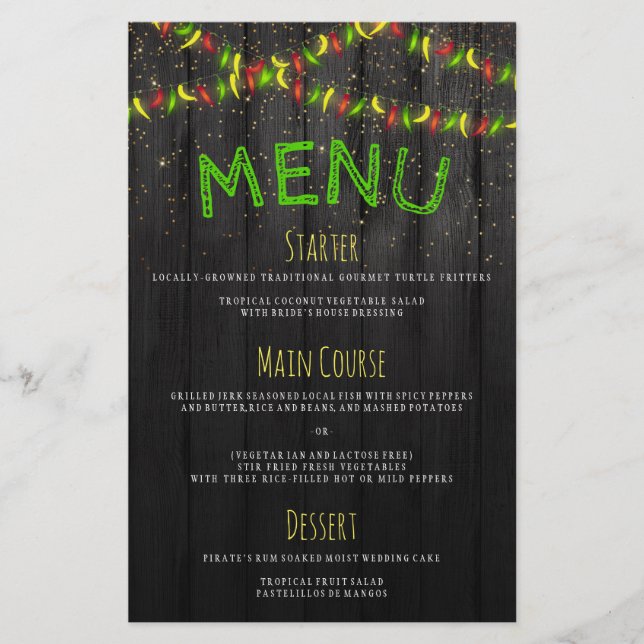 Menu Rustic Caribbean Hett Peppers String Ljus (Framsida)