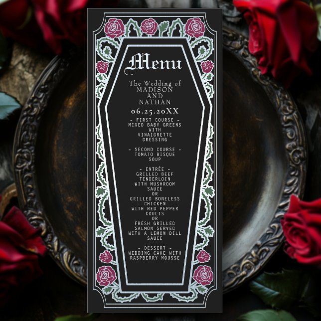 Menu silver Gothic Coffin Ro Black Bröllop Meny (Skapare uppladdad)