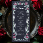 Menu silver Gothic Coffin Ro Blue Bröllop Meny<br><div class="desc">Lägg till en gnutta god elegans till festen med de här bröllop-menyer som har en kaffeformad ram, försedd med bröstkorg, ro och silver mot en djup blå bakgrund. Perfekt för en skrämmande romantisk matupplevelse! Anpassa texten, teckensnittet och bakgrunden färg till kostym till designinställningarna. Matcha artiklar i vår butik för ett...</div>