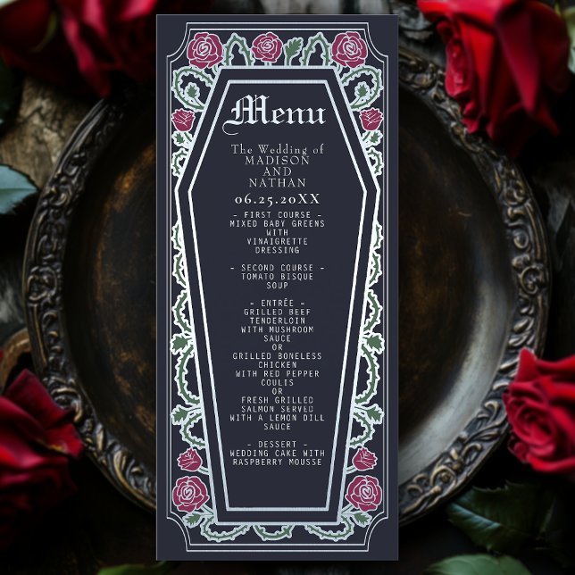 Menu silver Gothic Coffin Ro Blue Bröllop Meny (Skapare uppladdad)