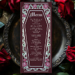 Menu silver Gothic Coffin Ro Red Bröllop Meny<br><div class="desc">Lägg till en gnutta god elegans till festen med de här bröllop-menyer som har en kaffeformad ram, försedd med bröstkorg, ro och silver mot rikens röda bakgrund. Perfekt för en skrämmande romantisk matupplevelse! Anpassa texten, teckensnittet och bakgrunden färg till kostym till designinställningarna. Matcha artiklar i vår butik för ett helt...</div>
