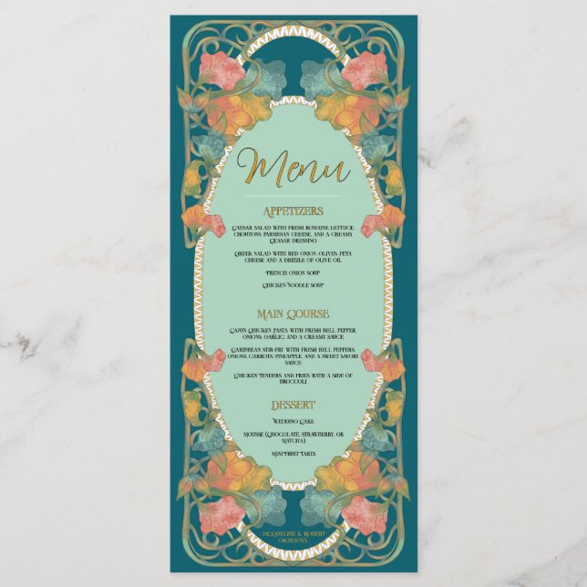Menu Teal Watercolor Art nouveau Bröllop Meny (Framsida)