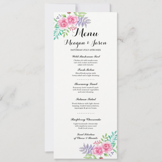 Menu Wedding Reception Elegant Blommigt Ro Cards Inbjudningar (Framsida)