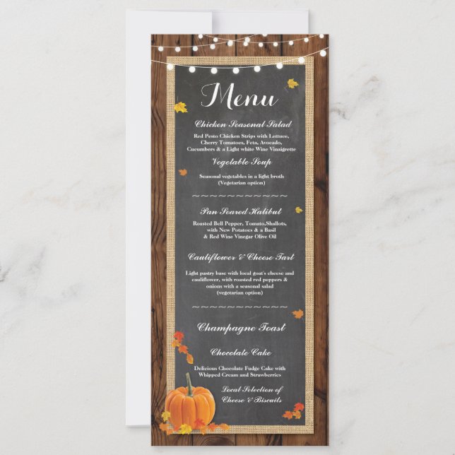 Menu Wedding Reception Rustic Wood Pumpkin Fall Inbjudningar (Framsida)