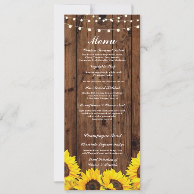 Menu Wedding Reception Rustic Wood Solblommor Inbjudningar (Framsida)