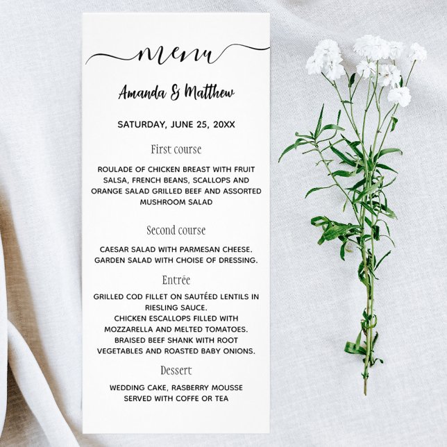 Menu white black bröllop Classic Reklamkort (Skapare uppladdad)