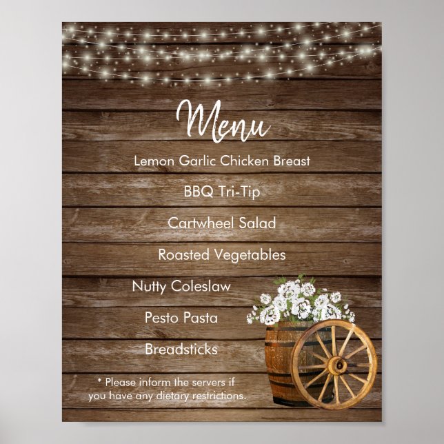 Menu - Wood Barrel med White Flowers Poster (Framsidan)