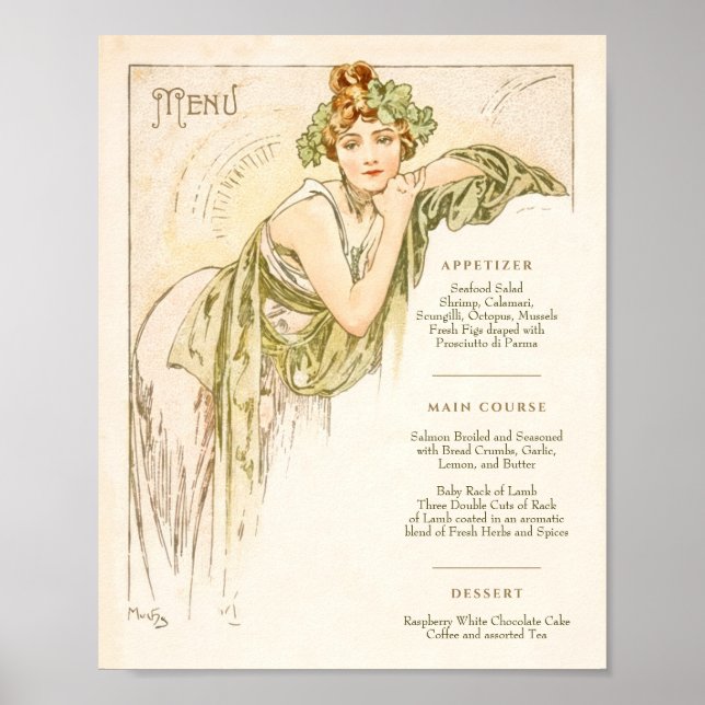 Meny Art Nouveau Bröllopsmiddag av Mucha Poster (Framsidan)