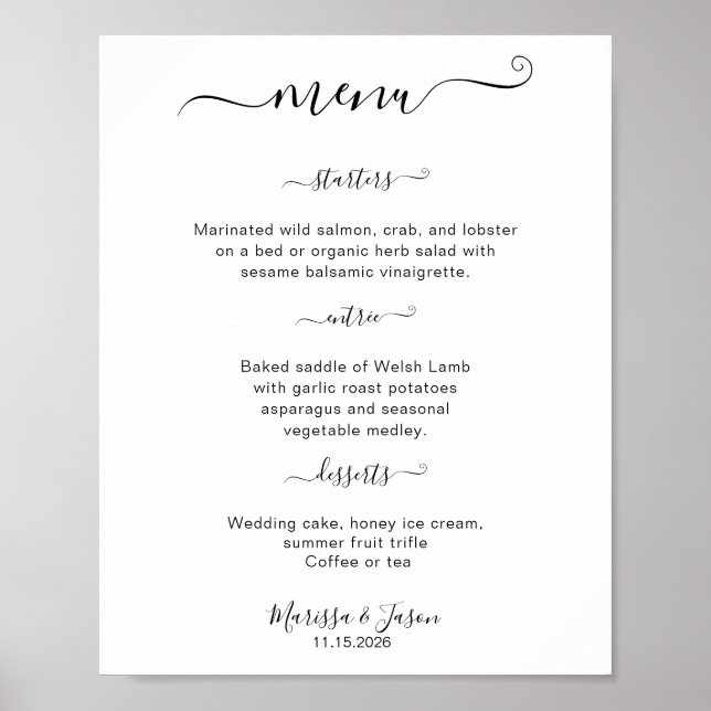 Meny Bröllop för elegant Script 3-kurs Poster (Framsidan)