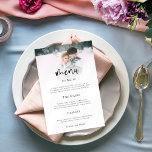 Meny Bröllop för minimalistiskt fotoskript Poster<br><div class="desc">Meny med minimalistiskt fotoskript Bröllop. En elegant med foto längst upp i kant bakom ett graderat färgton lagrar med texten delvis överlagrad ovanpå bilden vid grund. Huvudet finns i ett skript med fet stil och resten av texten kan du enkelt anpassa.</div>