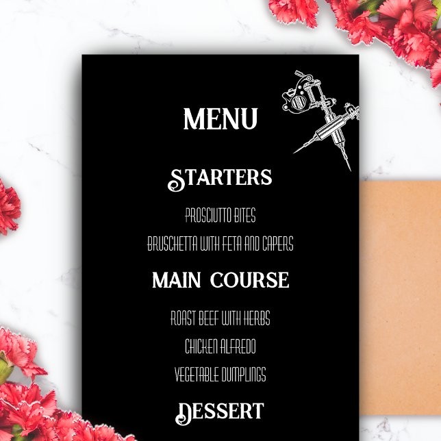 Meny Bröllop i svartvitt (Black and White Skull Tattoo Wedding Menu)