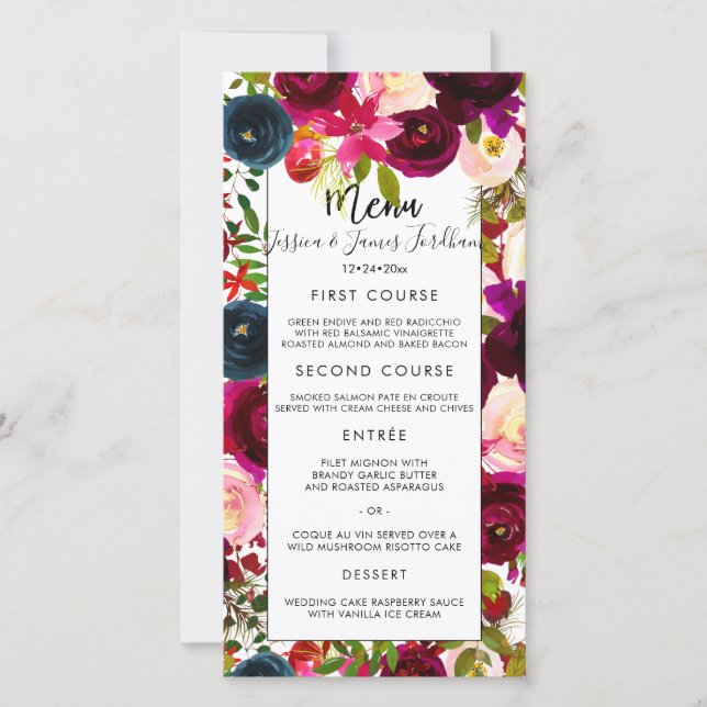 Meny Burgundy, Blush+Navy Vattenfärg Blommor Kort (Framsida)