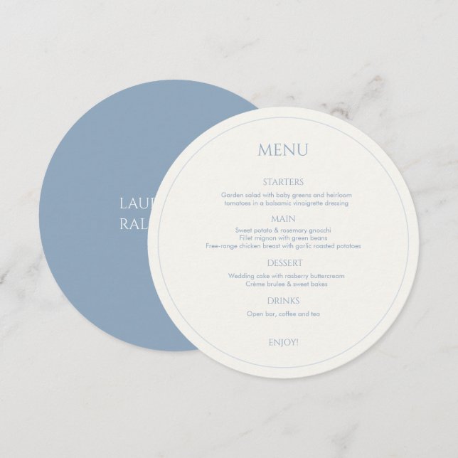 Meny Dusty Blue & Ivory Monogrammed Round Bröllop (Fram/baksida)