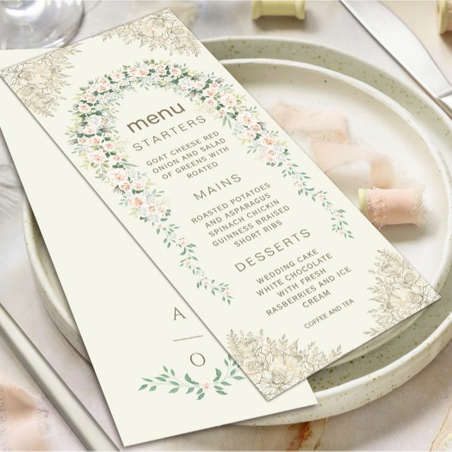 Meny elegant Blommigt Arch Bröllop Inbjudningar (Elegant Floral Arch Wedding Menu Invitation #zazzlefinds #softcolormenu #decorativegoldframe #floral)