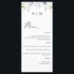 Meny elegant Vit och Blått Blommigt Bröllop<br><div class="desc">Elegant med en monogrammad bröllop-meny med exquisite vattencolor grey och white and blue blommigt-detalj överst med ett pars initialer. Du kan lägga till en egen meny genom att använda de tillhandahållna textrutorna och vid behov göra textobjekt, storleka, stil och färg genom att välja "anpassa ytterligare". Samma design finns också tillgänglig...</div>