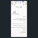 Meny elegant Vit och Blått Blommigt Bröllop<br><div class="desc">Elegant med en monogrammad bröllop-meny med exquisite vattencolor grey och white and blue blommigt-detalj överst med ett pars initialer. Du kan lägga till en egen meny genom att använda de tillhandahållna textrutorna och vid behov göra textobjekt, storleka, stil och färg genom att välja "anpassa ytterligare". Samma design finns också tillgänglig...</div>