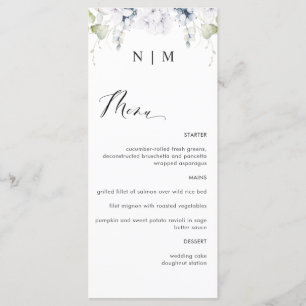 Meny elegant Vit och Blått Blommigt Bröllop