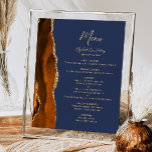 Meny för bränd Orange Agate Navy Blue Bröllop Bord Poster<br><div class="desc">Det moderna menytecknet bröllop på den lämnat kant i eleganten har en bränd vattenfärgad orange i gräns som trimmas med faux guld glitter. Ord "Meny" visas i handskriftsskriptet guld-färgad på en marin blå bakgrund. Anpassa den återstående texten med parets namn,  bröllop-datum och menydetaljer.</div>