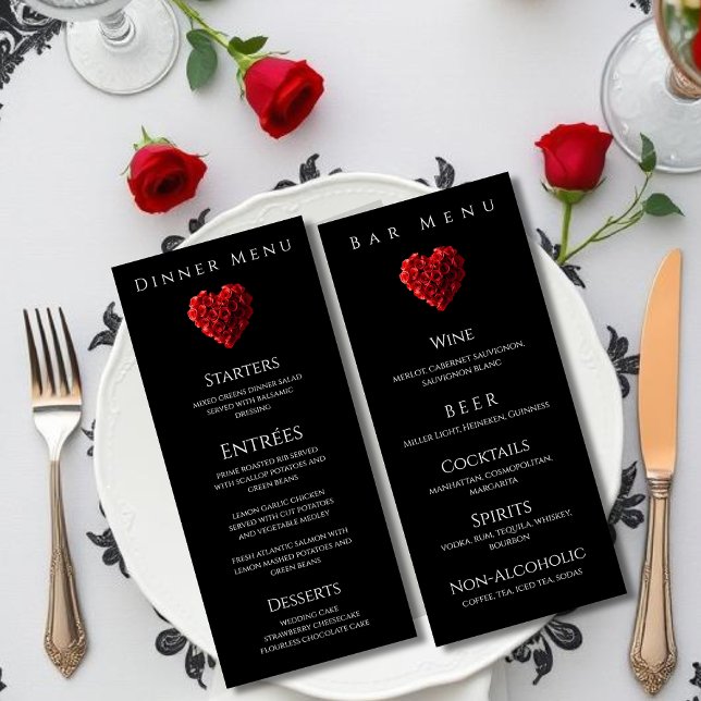 Meny för bröllopsmiddag och bar - röda hjärtformad (Wedding Dinner and Bar Menu-Heart Shaped Red Roses Menu)