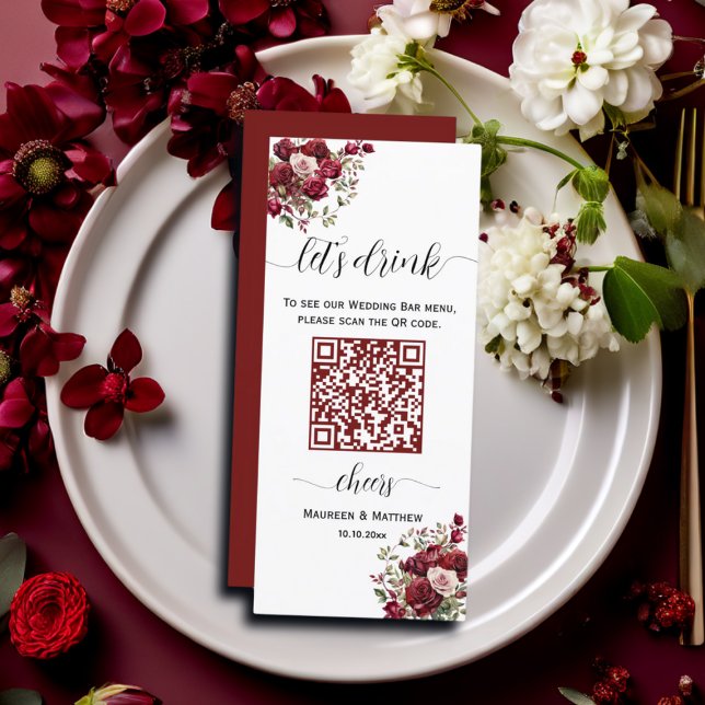 Meny för Burgundy Blommigt Modern QR Code Bröllop  (Skapare uppladdad)