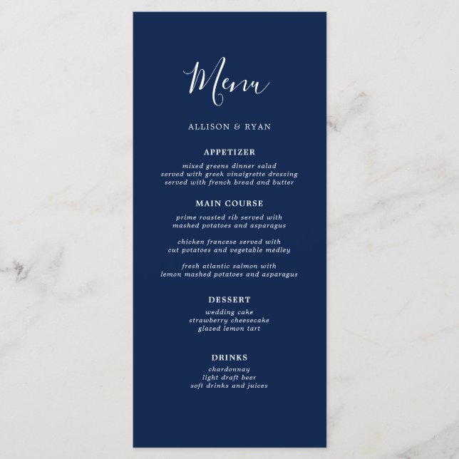 Meny för den blå Bröllop-flottan i Rustic Navy (Framsida)