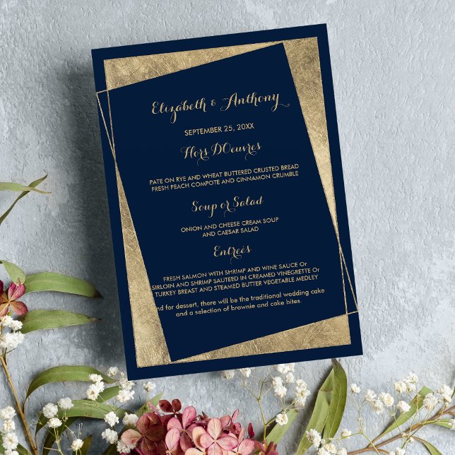 Meny för den moderna geometriska marinen blå guld  (Modern geometric navy blue gold Wedding Menu)