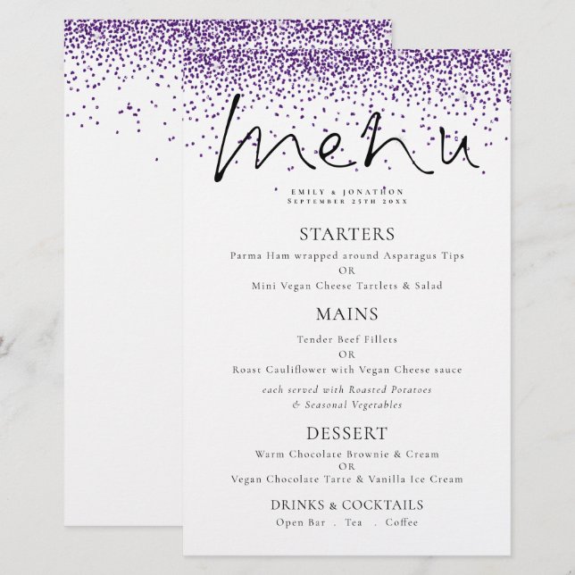 Meny för Elegant Lila Glitter Bröllop (Fram/baksida)