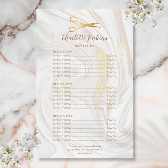 Meny för Hairstylist Guld Sissors Marble Service S (Hairstylist Gold Scissors Marble Service Menu Flyer)