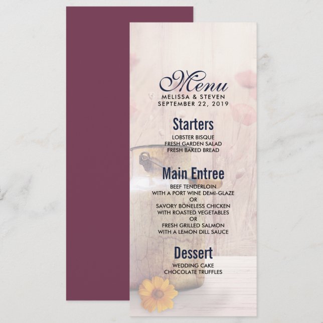 Meny för Landsbyggsbröllopet Rustic Mjölk Can Inbjudningar (Fram/baksida)