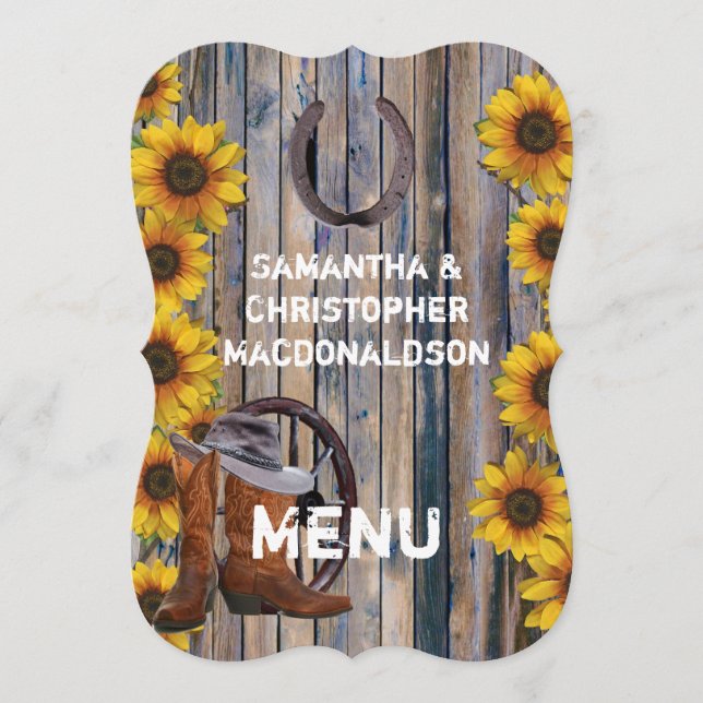 Meny för landsbyggsbröllopet Rustiskt westernt cow (Framsida)