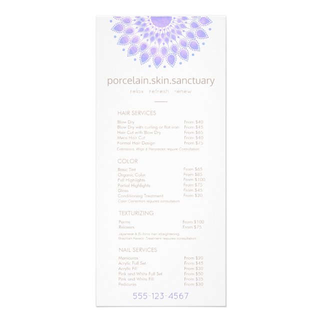 Meny för Lavender Lotus Natural Spa Salon Pris Lis (Framsidan)