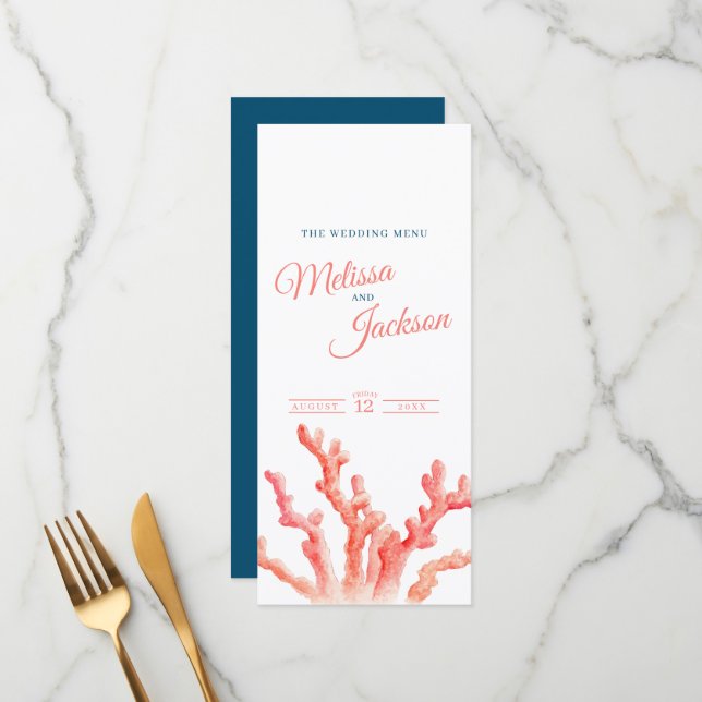 Meny för levande korallvattenfärg bröllop blå oran (Fram/Back In Situ)