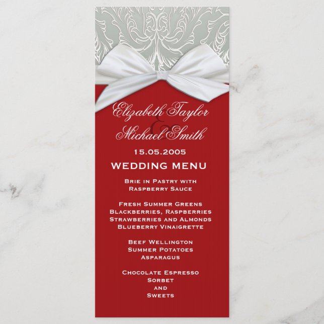 Meny för "Luxury Ribbon Silver/Red Damask Wedding  (Framsida)