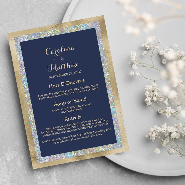 Meny för marin blå guld silver-holografisk Bröllop (Navy blue gold silver holographic Wedding Menu )