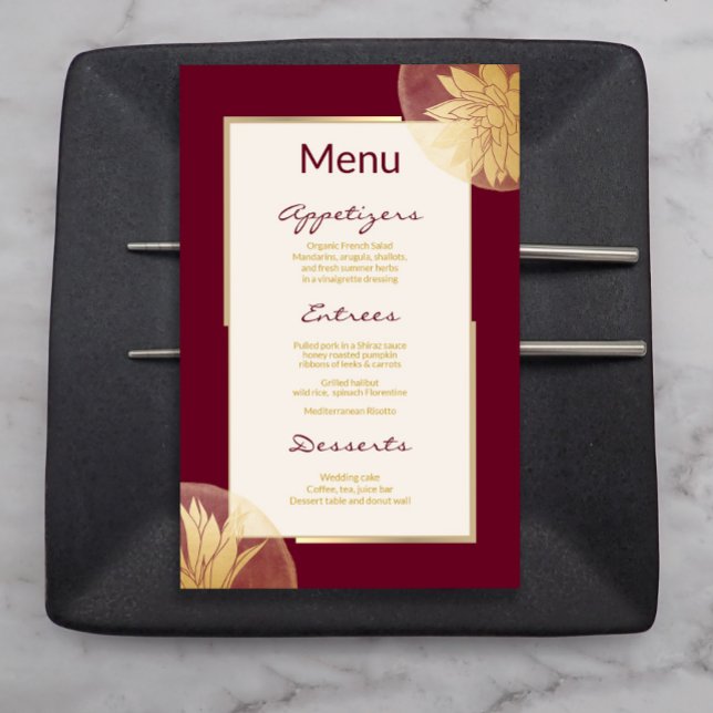 Meny för Modern Burgundy Guld Blommigt Bröllop (Skapare uppladdad)