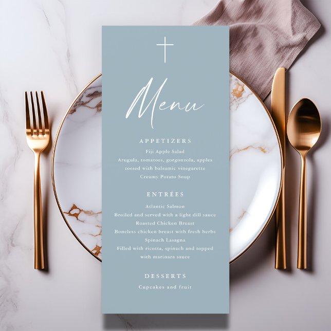 Meny för Modern skript - blått bläddringsfält (Modern script dusty blue baptism menu.)