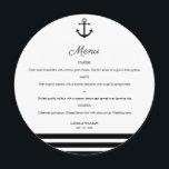 Meny för Nautisk ankare och Rand<br><div class="desc">Modern design och elegant är utskrivet Nautical Anchor och Stipres Round Menu Card For Plate som kan anpassas med din text. Kolla in Graphic Art Design-arkivet för andra produkter som matchar den här designen!</div>