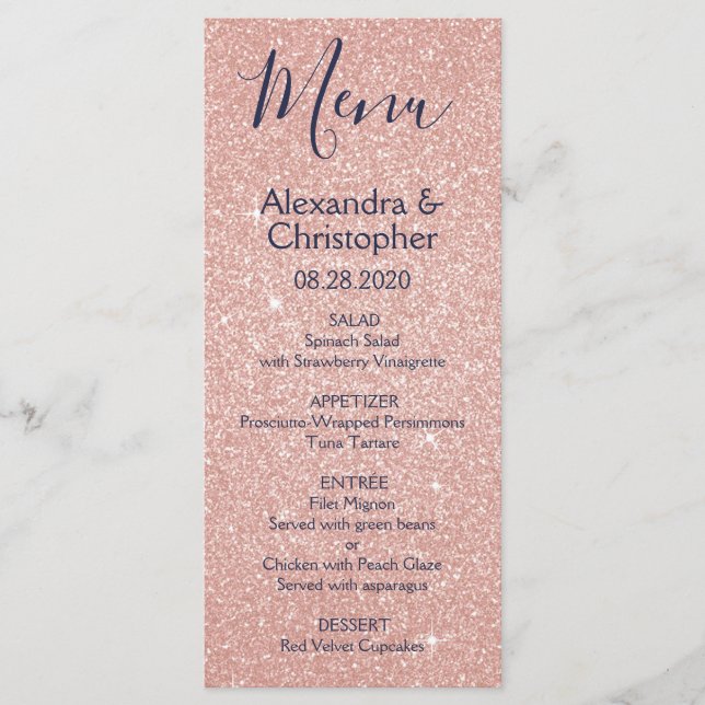 Meny för rosa ros Guld-flottan Blue Glitter Bröllo (Framsida)