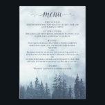 Meny för Rustic Mountain Gräs Träd Blue Bröllop<br><div class="desc">På den här bröllop-menyn finns ett gammalt skript med kalligraftitel och en alpint vildmarksbergsscen av blå gräs träd som är täckt av dimma eller dimma. Baksidan har plats för namn på paret och bröllop-datumet. Perfekt för en mottagning utomhus.</div>