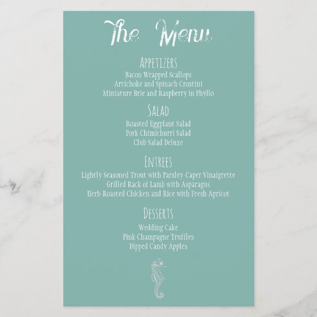 Meny för Sea Glass Seahorse Beach Wedding Menu (Framsidan)