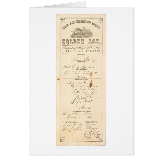 Meny för steameren "guldålder" (1276A) Hälsningskort (Framsidan)