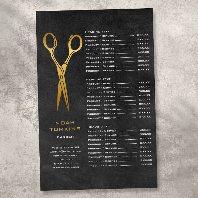 Meny för tjänsten guld-saxar Barber Chalkboard (Gold Scissors Barber Chalkboard Service Menu Flyer)