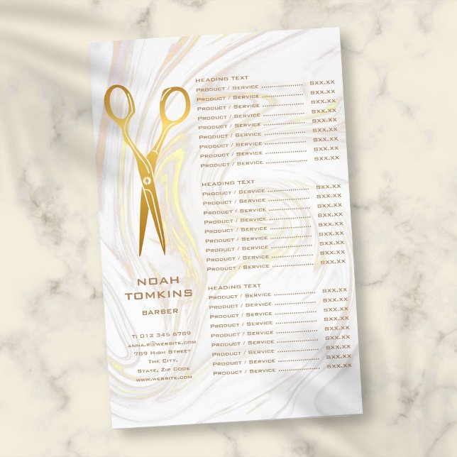 Meny för tjänsten guld Scissors Barber Marble Serv (Gold Scissors Barber Marble Service Menu Flyer)
