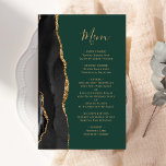 Meny för Total Budget Black Guld Agate Grönt Bröll<br><div class="desc">Den moderna bröllop-menyn på den lämnat kant i eleganten har en svart vattenfärgad agate gräns som trimmas med faux guld glitter. Anpassadet kombinerar handskriftsskript för guld-färgad och kopparplåt typsnitt på en mörk som framträder mot gröntens bakgrund. Den omvända sidan har en matchande svartvit och guld agate-design.</div>