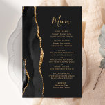 Meny för Total Budget Black Guld Agate Mörk Bröllo<br><div class="desc">Den moderna bröllop-menyn på den lämnat kant i eleganten har en svart vattenfärgad agate gräns som trimmas med faux guld glitter. Anpassadet kombinerar handskriftsskript för guld färgad och typsnitt för tryckplåt på en svart bakgrund. Den omvända sidan har en matchande svartvit och guld agate-design.</div>
