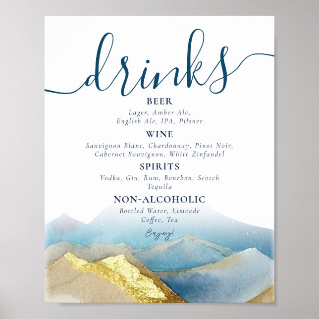 Meny för vattenfärgsgulfmarkbergen Bröllop Drinks Poster (Framsidan)