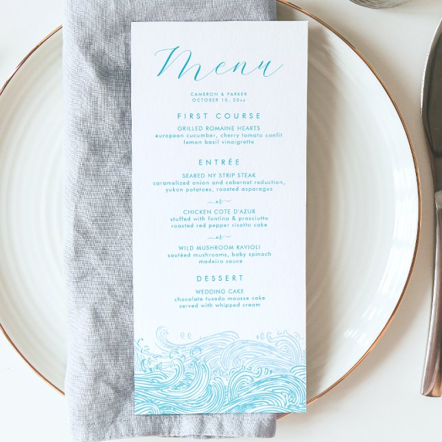 Meny för Vinkara Beach Wedding i Aqua Blue Ocean (Ocean Waves Beach Wedding Menu in Aqua Blue for a Coastal Celebration from Concertina Press)