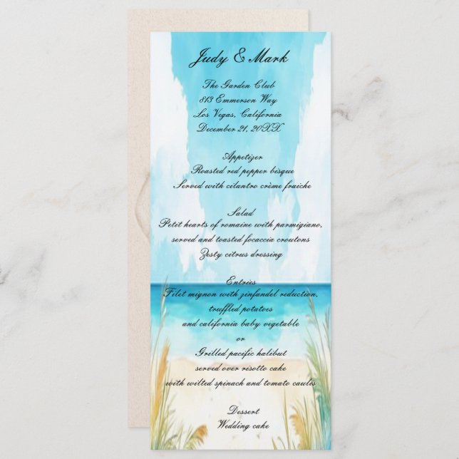 Meny för Watercolor Blue Ocean Beach Wedding Menu (Fram/baksida)