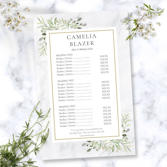 Meny för White Marble Greenery Salon Service (White Marble Greenery Salon Service Menu Flyer)