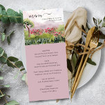 Meny land Meadow Watercolor Dusty Ro Bröllop<br><div class="desc">Menyn Land Meadow bröllop med vackra landskapsplatser i skuggor av dammig ro rosa och grönt. Kurser och menyalternativ är fullt redigerbara och eleganten har ett skript, modern typografi, bergsmiljö, grönmark och vilda blommor. Baksidan är ren dammig ro rosa, som ni gärna kan redigera om ni så önskar. Bläddra i min...</div>